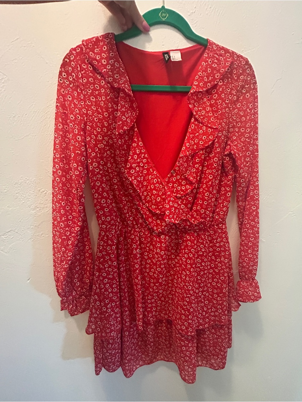 H&M Red Floral Ruffle V-Neck Mini Dress